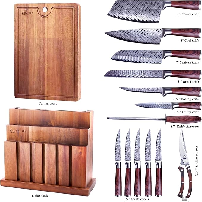 Damascus Knife Block Set 15PCS Kitchen Knife Set with Block Premium Chef Knife Stainless Steel,Japanese Kitchen Knife, with Exrtra Cutting Board Wine Corkscrew Set