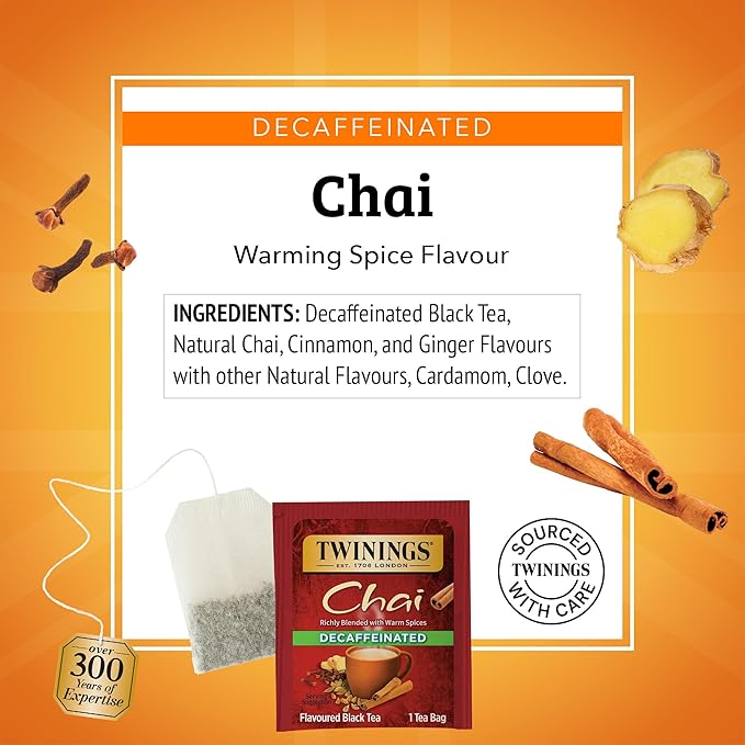Twinings Decaffeinated Chai Individually Wrapped Bags, 20 Count (Pack of 1), Sweet, Savoury Spices, Enjoy Hot or Iced, 20 Teabags