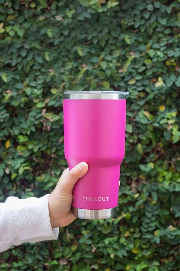 Stainless Steel Travel Mug with Handle 30 oz - 6 Piece Set. Tumbler with Handle, Straw, Cleaning Brush & 2 Lids. Double Wall Insulated Large Coffee Mug Bundle - Hot Pink Powder Coat Tumbler