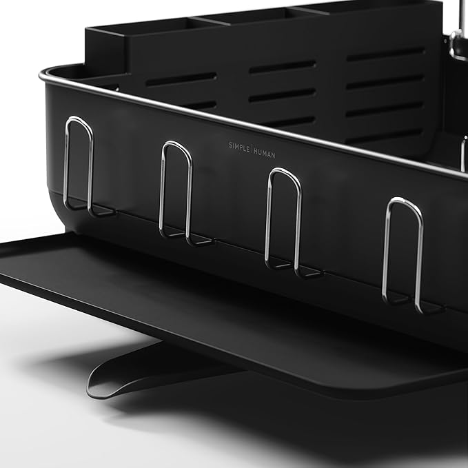 simplehuman Large Capacity Dish Drying Rack with Stainless Steel Frame, 360º Easy Drain Swivel Spout, Utensil & Wine Glass Holder, Anti-Residue Coating, Moisture Control Surface, Matte Black