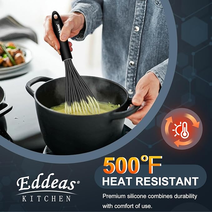 Whisks For Cooking - 500 °F Heat Resistant Silicone Whisk, Heavy Duty 7",9"&11inch Non-Scratch Balloon Kitchen Wisk tool Set, for cooking Wisking, Blending, Beating, Stirring, 3 Piece Black