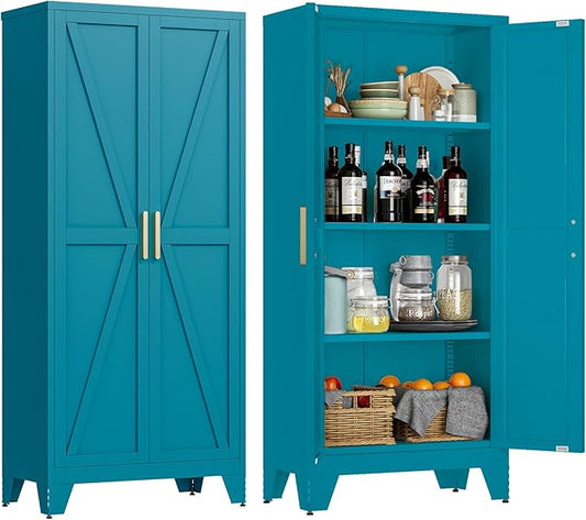 61" Tall Metal Storage Cabinet with 2 Doors and 3 Adjustable Shelves, 4-Tier Kitchen Pantry Storage Cabinet for Kitchen, Living Room, Dining Room and Office, Blue