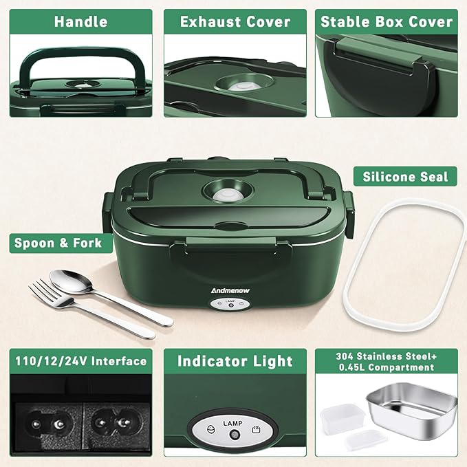 Electric Lunch Box for Adults – 1.5L 80W Heated Lunch Box with 12/24/110V, Portable Food Warmer with Stainless Steel Pot | Loncheras para Hombres de Trabajo,Green,2*Container