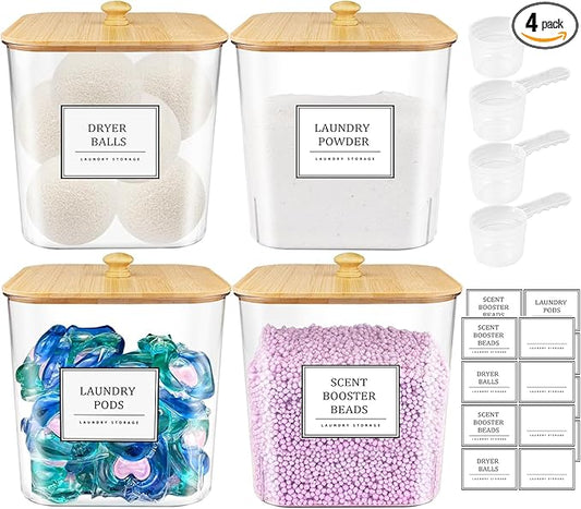4 Pack Clear Laundry Pod Container, Laundry Room Organization Containers with Wooden Lids & Labels - Large Detergent Powder Storage for Room Organization, Scent Booster Holder