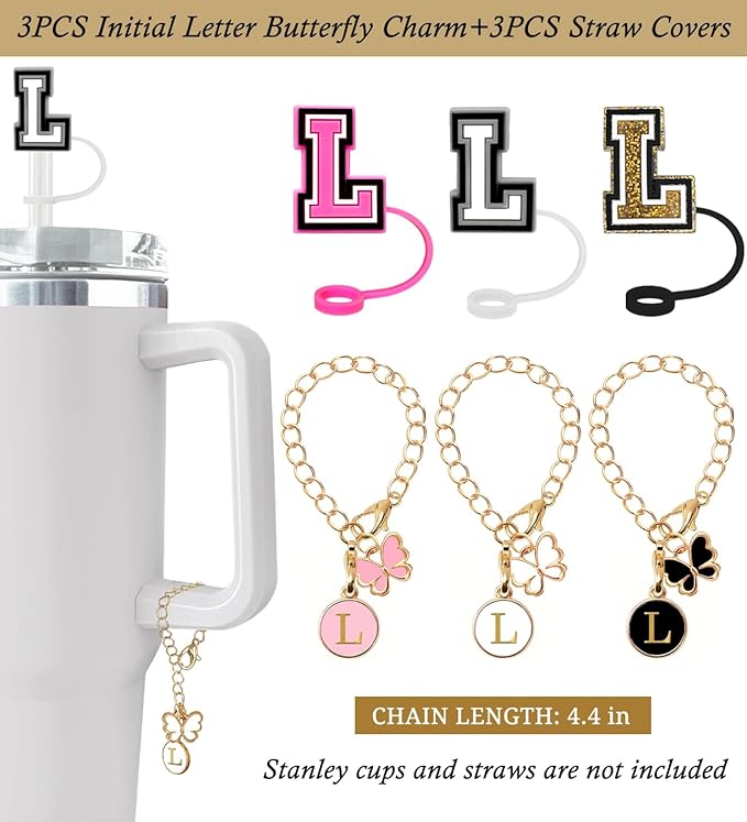 （3 +3) Nuozme Straw Cover Compatible with Stanley Tumbler Cup 3PCS Letter Straw Caps Toppers with 3 Initial Butterfly Charms Name ID For Stanley 30&40 Oz Cup