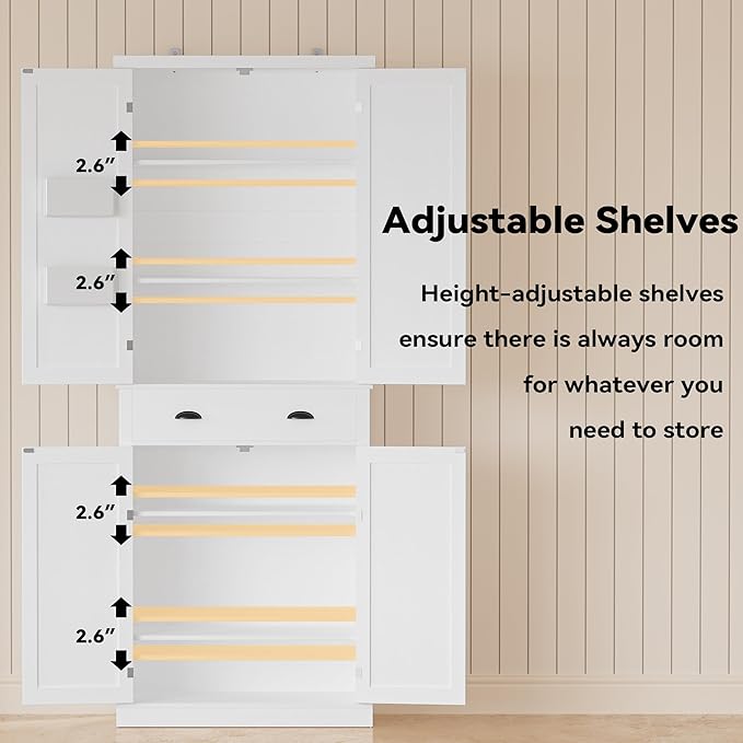 IRONCK Kitchen Pantry Storage Cabinet 83.9" H, with Barn Doors, Drawer, 4 Adjustable Shelves, Freestanding Cupboard for Dining Room Living Room, Laundry, White