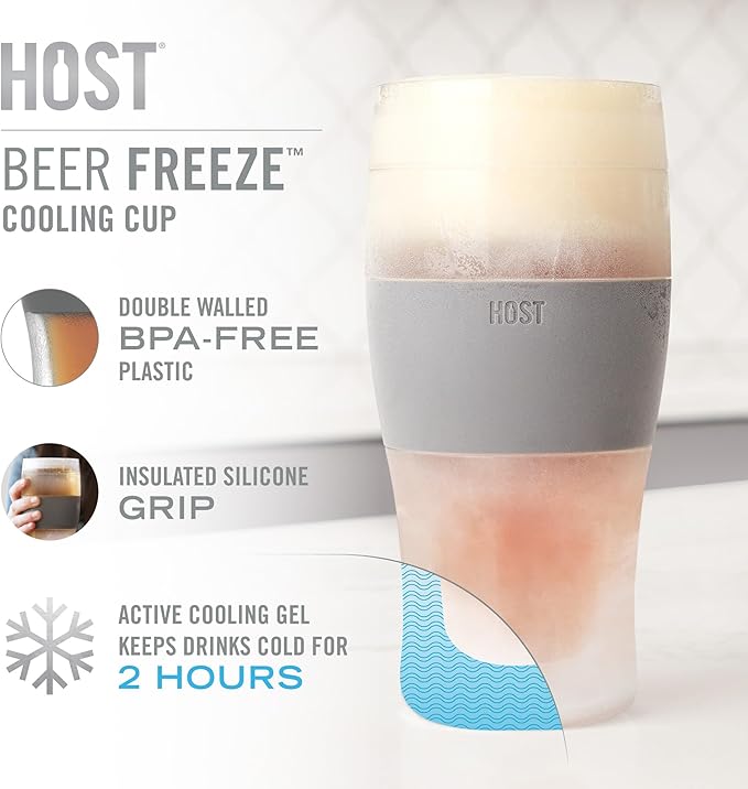 Host Freeze Beer Glasses, Freezable Beer Gifts for Men, Double Wall Insulated Pint Set, Tumbler for Cold Drinks, 16, Set of 2, Gray