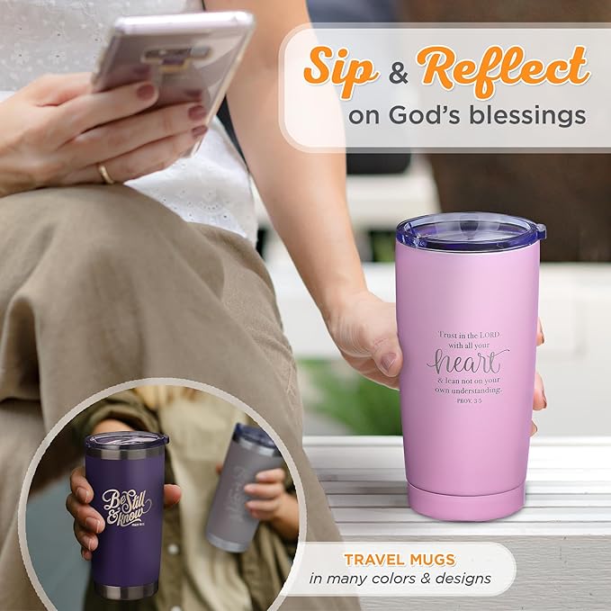 Christian Art Gifts Stainless Steel Double-Wall Vacuum Insulated Travel Mug 18 oz Pink Tumbler with Lid for Women Inspirational Bible Verse - Trust in the Lord - Proverbs 3:5