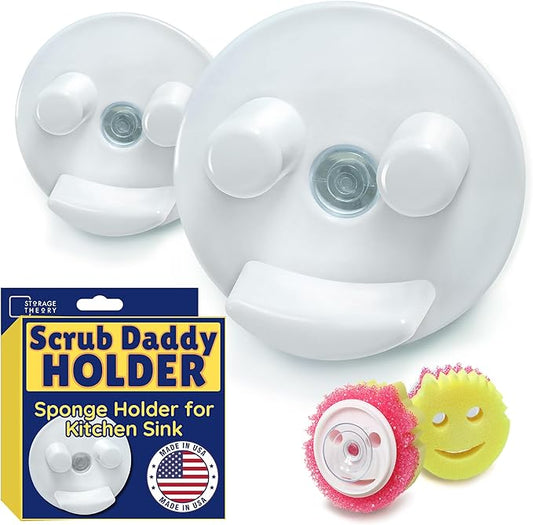 BeraTek Smiley Face Sponge Holder for Kitchen Sink – Sponge Daddy Caddy with Suction Cup Keeps Happy Face Sponges Dry & Organized – Sink Scrub Holder – White, 2 Pack