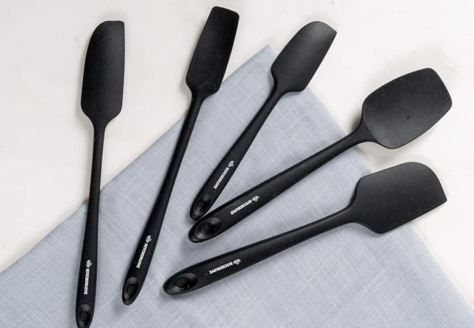 KITCHENLOVE Premium 600°F Heat Resistant 5 Piece Silicone Spatula Set for Baking, Cooking, Mixing - Non-Stick with High Grade S-Iron Steel Core - One Piece Seamless Design - BPA Free (Black)