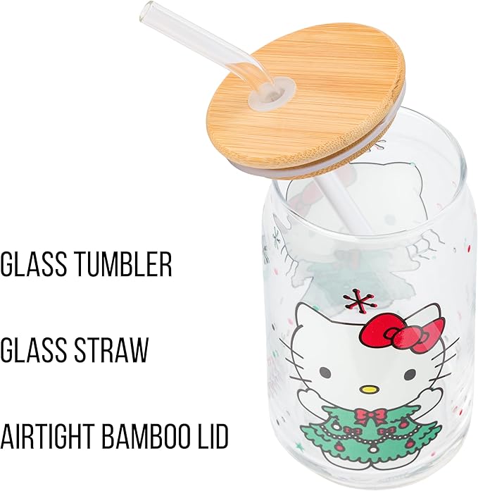 Silver Buffalo Sanrio Hello Kitty Holiday Glass Tumbler with Bamboo Lid and Glass Straw, 16 Ounces