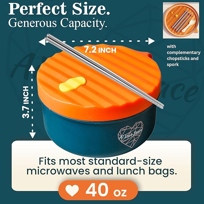 AI LOVE PEACE Ramen Bowl, 40 oz Microwaveable Noodle Cooker for Ramen, Pho, Soup, and Pasta, Dishwasher Safe and Portable, Ideal for Home, Office, Dorm, or Gift (Orange)