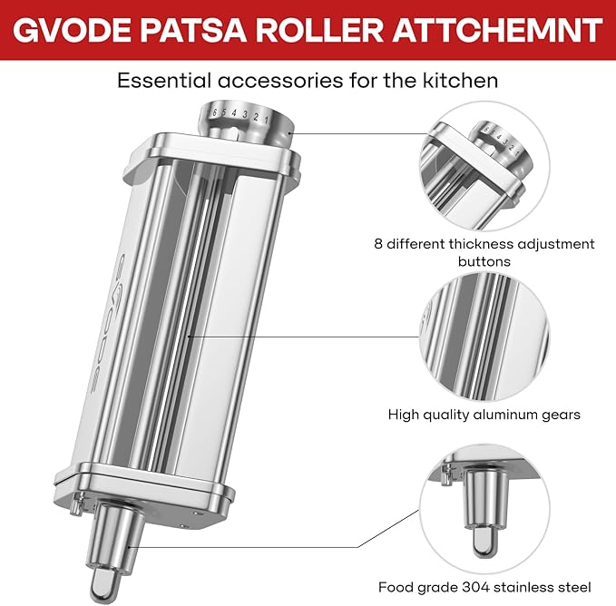 Pasta Roller Attachment for KitchenAid Stand Mixer, Pasta Roller KitchenAid Attachment, Stainless steel Pasta Roller Machine with 8 Adjustable Thickness Knob by Gvode