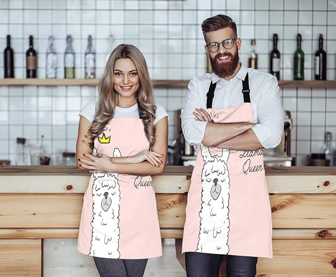 EKOBLA Llama Queen Aprons Alpaca Wearing Crown Funny Cute Animal Cartoon Waterproof Resistant Chef Cooking Kitchen BBQ Adjustable Aprons for Women Men 27x31 Inch