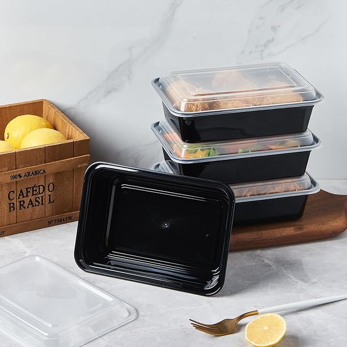CIAO! Heavy Weight 38oz Injection Molded Microwavable Black Rectangular Food Container with Lid (150/case)