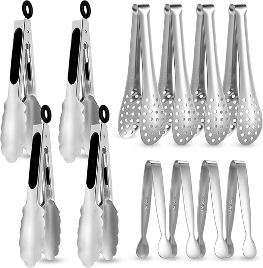 CHENGU12 Pack Stainless Steel Tongs 4/5/7inches Food Serving Clip Kitchen Cooking Tongs High Heat Resistant Clips for Cooking Non Stick Locking Grip for Ribs, Steak and Grill Salad