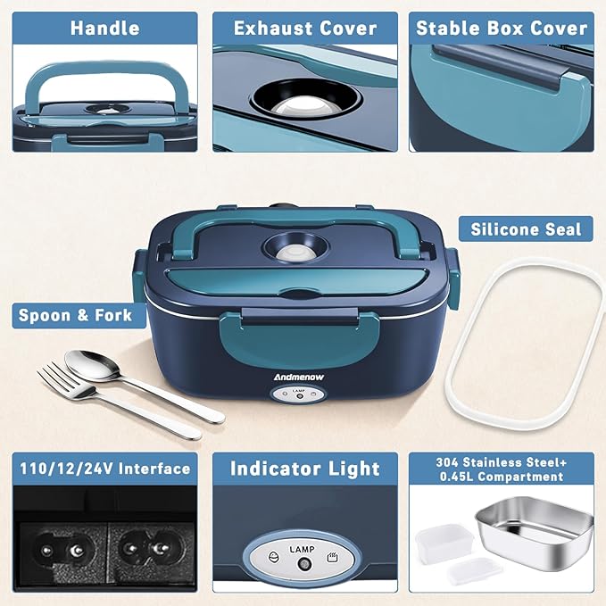 Heated Lunch Box for Adults – 80W 1.5L Electric Lunch Box with 12/24/110V, Portable Food Warmer for Work & Travel | Stainless Steel Inner Pot | Lonchera Electrica Portatil para Hombres y Mujeres