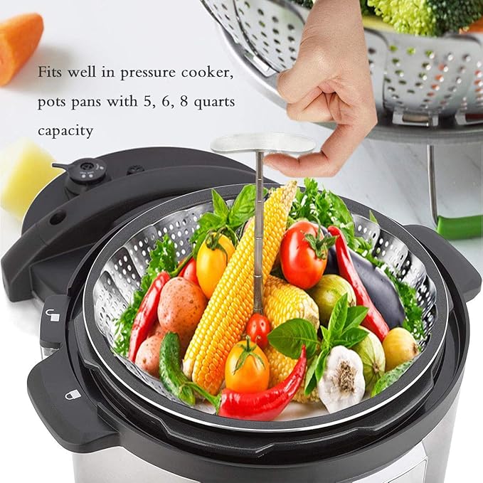 Stainless Steel Veggie Steamer Basket with Folding Handle - Expandable to Fit Pots 6.4" to 10"