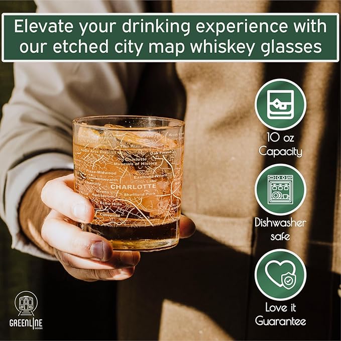 Greenline Goods Whiskey Glasses - 10 Oz Tumbler Set for Charlotte lovers, Etched with Charlotte City Map Old Fashioned Rocks Glass - Set of 2