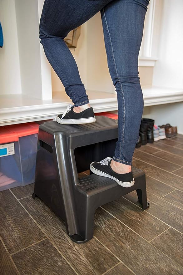 Rubbermaid 2-Step Molded Plastic Step Stool, Lightweight with Slip Resistant Treads and Non-Slip Feet, Black (Amazon Exclusive)