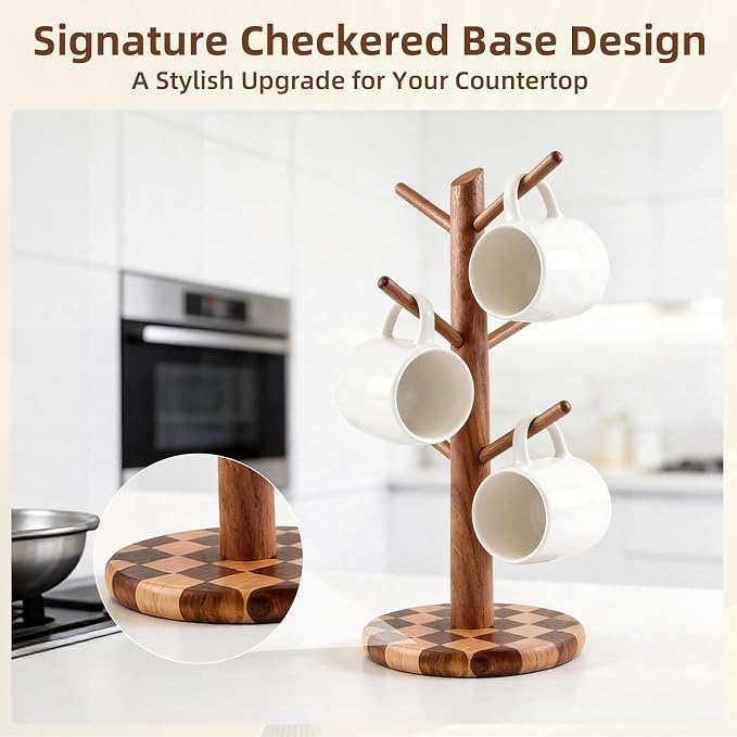 Natural Wood Mug Holder for Counter Top, Acacia Wood Coffee Mug Tree | Non-Slip - Image 2