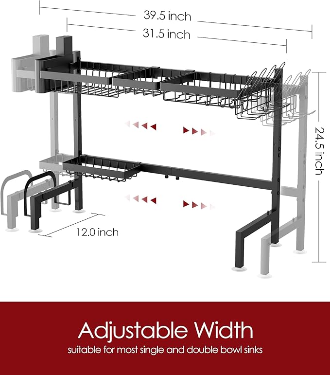 Over The Sink Dish Drying Rack - Adjustable 2 Tier X-Large Capacity Stainless Steel Drainer with Cutlery & Utensil Holders, Kitchen Storage & Organization, 31.5"-39.5"L x 12"W x 24.5"H, Black