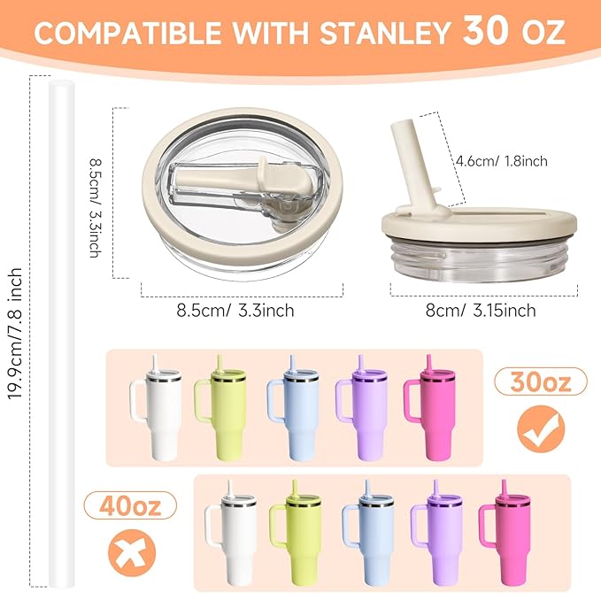 30oz Leak Proof Lid for Stanley Quencher H2.0 Tumbler, Flip Straw Lid Replacement 30 oz Tumbler No Spill Cover Top for Stanley Protour Stanley Cup Accessories, 2 Pack(Cream,Light Nectarine)
