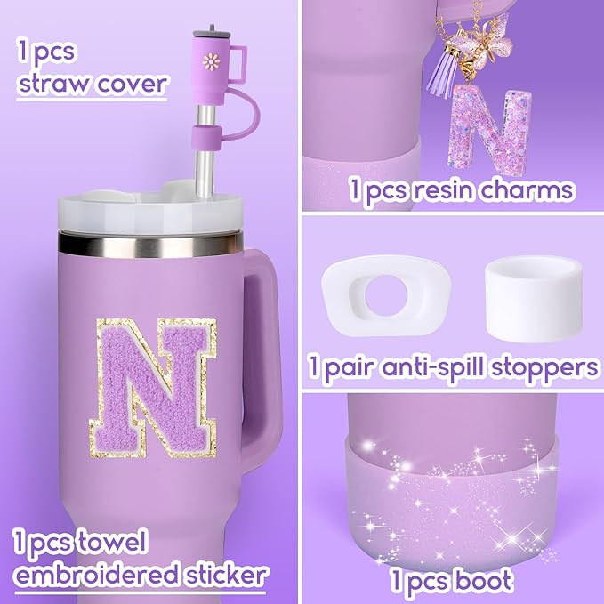Mity rain 6PCS Cup Accessories Set for Stanley Cup 30oz 40oz tumbler with handle, Including Silicone Straw Topper Cover Cap and Boot, Spill Proof Stopper, Handle Charm, Initials Sticker (Letter N)