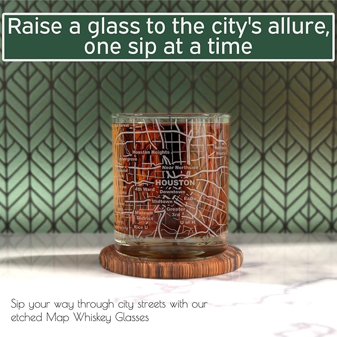 Greenline Goods Whiskey Glasses - 10 Oz Tumbler Gift Set for Houston lovers, Etched with Houston Map | Old Fashioned Rocks Glass - Set of 2