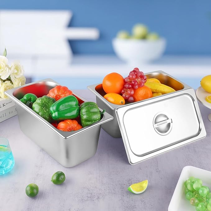 4 Pack hotel pans with lids 1/3 Size x 6 Inch Deep stainless steel steam table pan Commercial Gauge restaurant supplies Anti Rust metal food containers Catering storage for Party, Buffet, Home