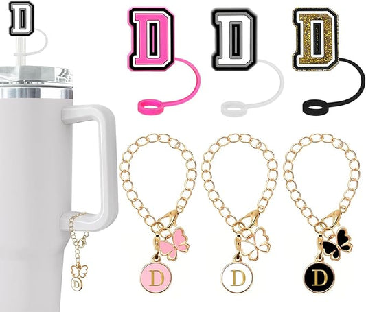 （3 +3) Nuozme Straw Cover Compatible with Stanley Tumbler Cup 3PCS Letter Straw Caps Toppers with 3 Initial Butterfly Charms Name ID For Stanley 30&40 Oz Cup