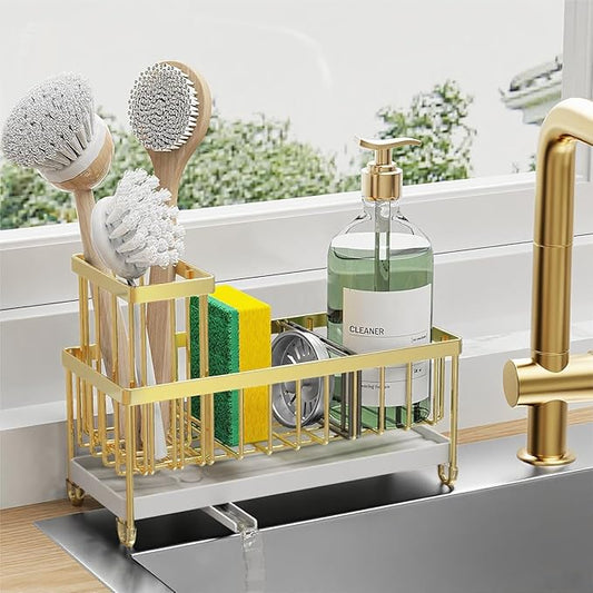 Cisily Gold Sponge Holder for Kitchen Sink, Sink Caddy Organizer with High Brush Holder, Kitchen Countertop Organizers and Storage Essentials, Rustproof 304 Stainless Steel, Soap Dispenser Organize