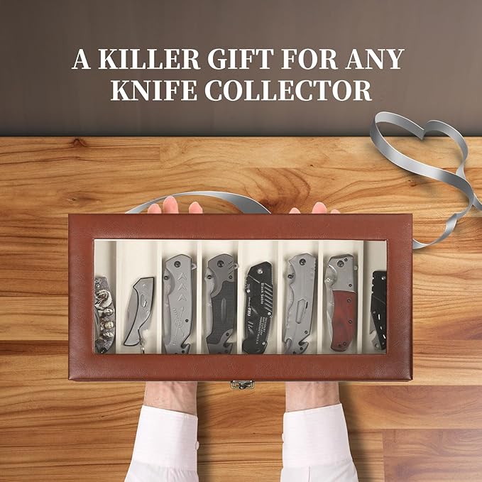 AUTOARK 2-Tier PU Leather & Velvet Knife Organizer with 17 Slots,Transparent Glass Top & Drawer,Compact Storage for Pocket Knives,Perfect for Men's Collections & Gifts,Brown,MKAW017