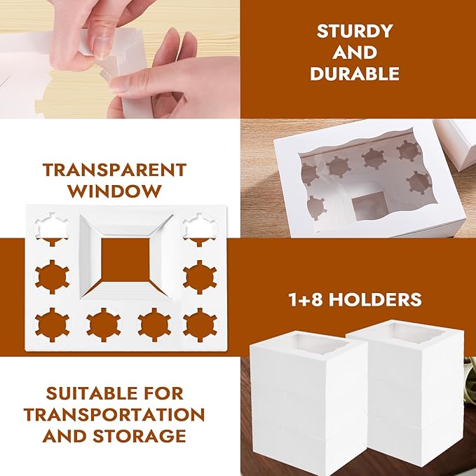 10 pack Cake and 8 Cupcakes Bento Box transparent and clear Dessert Storage Container with Lid Portable Box for Cakes Cupcakes, Great for Birthdays Parties (White, 1+8(10Pack))