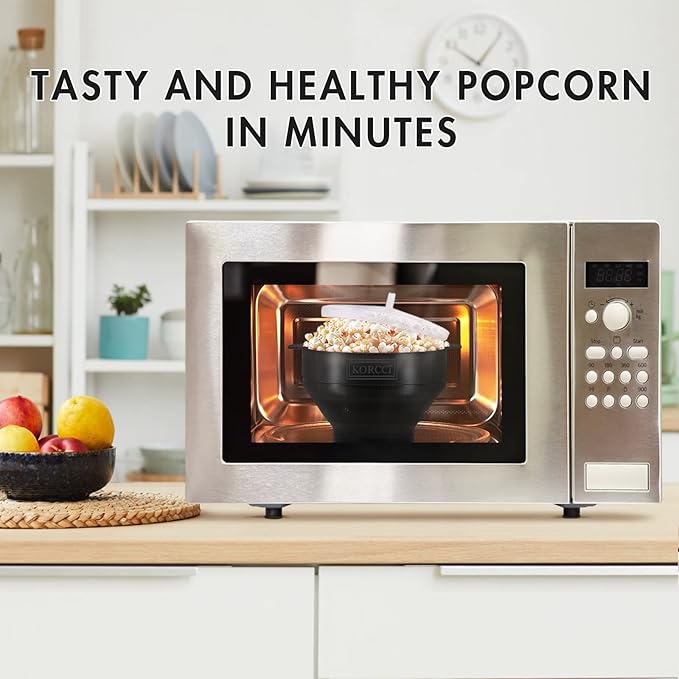 The Original Korcci Microwaveable Silicone Popcorn Popper, BPA Free Microwave Popcorn Popper, Collapsible Microwave Popcorn Maker Bowl, Dishwasher Safe - Black