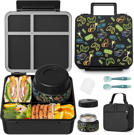 Kids Bento Lunch Box with Thermos, Leakproof Toddler Bento Box with 9 OZ Insulated Food Jar, Lunch Bag & Utensils 3 or 4 Compartment Container for School Girls Boys