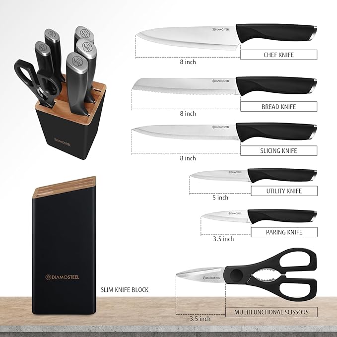Black Knife Set with Wooden Block, 7 Pieces Sharp Knife Block Set with Stainless Steel Blade Ergonomic Handle, Dishwasher Safe Knives Set