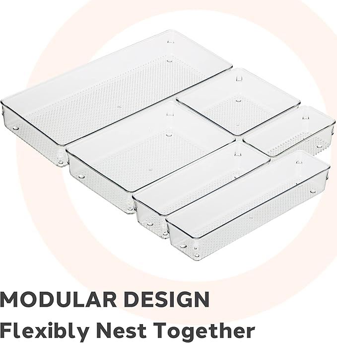 Oggi Clear Drawer Organizer | 6" x 15" | Pack of 2 | For Kitchen & Office | For Bathroom Storage