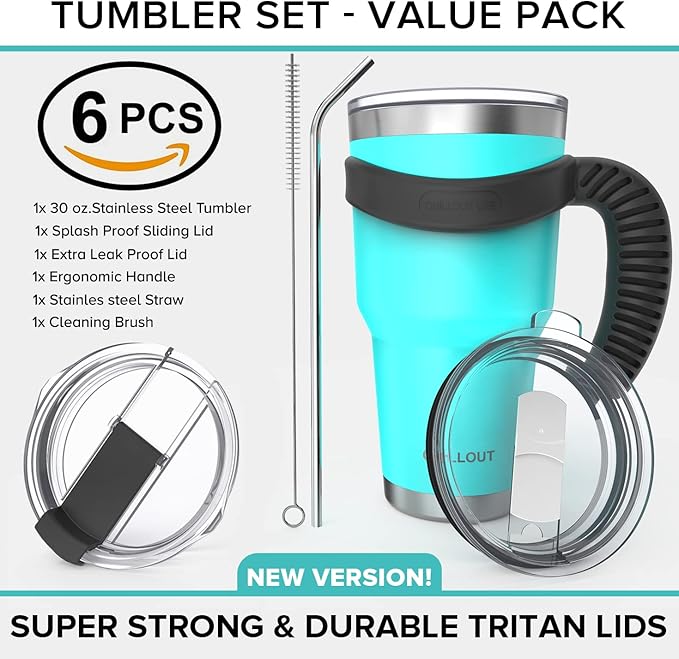 Stainless Steel Travel Mug with Handle 30 oz – 6 Piece Set. Tumbler with Handle, Straw, Cleaning Brush & 2 Lids. Double Wall Insulated Large Coffee Mug Bundle - Aqua Blue Powder Coated Tumbler