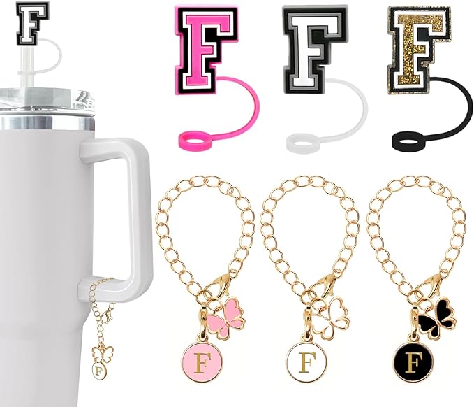 （3 +3) Nuozme Straw Cover Compatible with Stanley Tumbler Cup 3PCS Letter Straw Caps Toppers with 3 Initial Butterfly Charms Name ID For Stanley 30&40 Oz Cup