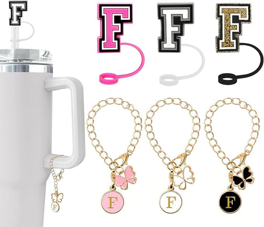 （3 +3) Nuozme Straw Cover Compatible with Stanley Tumbler Cup 3PCS Letter Straw Caps Toppers with 3 Initial Butterfly Charms Name ID For Stanley 30&40 Oz Cup