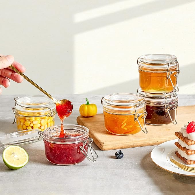 ComSaf 4oz Small Airtight Glass Jars Set of 12 with Lids Food Storage Jar Round, Mason Jar, Mini Storage Container with Clear Preserving Seal Wire Clip Fastening for Kitchen Canning, Jam, Spice, Honey