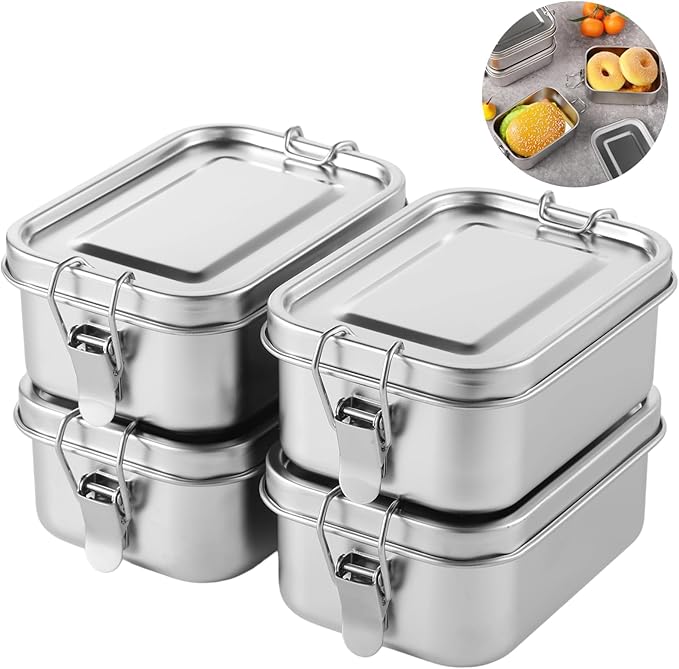 4 PCS Bento Boxes, 550 ML Stainless Steel Lunch Boxes, Food Storage Containers, Portable Metal Lunch Containers, Lockable Clips to Leak Proof, Reusable Dishwasher Safe Lunch Snack Boxes