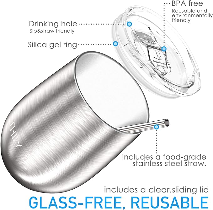 THILY Metal Stemless Insulated Wine Glass T1 Triple-insulated Stainless Steel Wine Tumbler with Lid and Straw, Reusable, Keep Cold & Hot for Wine, Coffee, Drinks, Champagne, Beverage, Silver