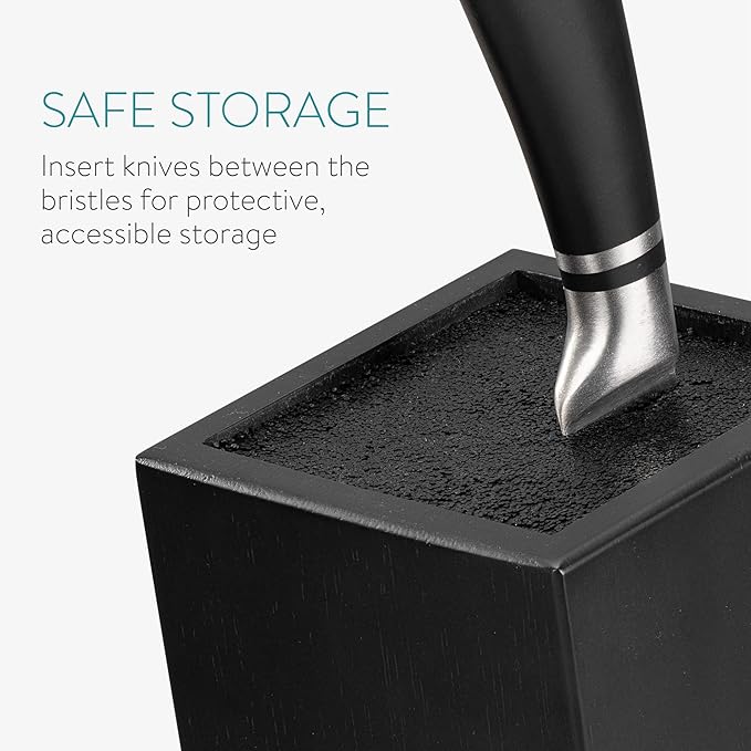 Navaris Universal Knife Block Holder - Rubber Wood Stand with Bristles to Fit Different Sizes of Knives - Angled Design, 9.8" x 5.9" x 4.1’" - Black