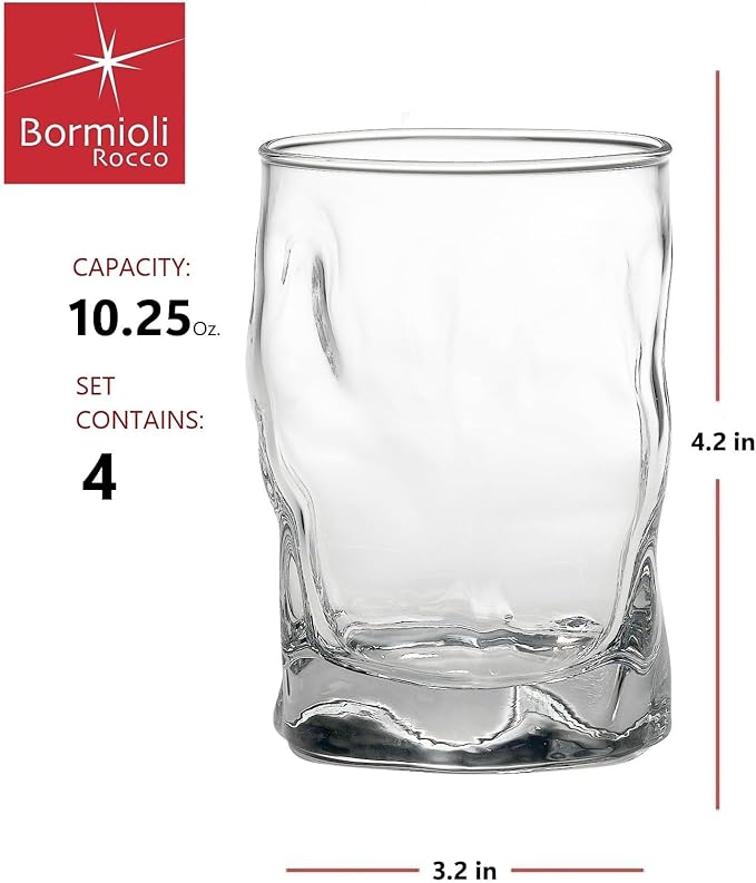 Bormioli Rocco 10.25 Oz Sorgente Rocks Whiskey Glass (Set of 4) - Boulder-Style Barware for Bourbon, Scotch, Water, Juice - Dishwasher Safe & Lead-Free Cocktail Glasses - Made in Italy