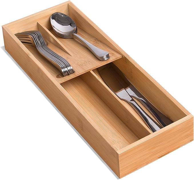 Bamboo Silverware Drawer Organizer, Kitchen Small Silverware Organizer, Utensil Tray Holder, Cutlery Tray for Spoons, Forks, Knives, Suitable for a family of 2-4