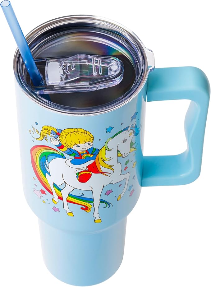 Silver Buffalo Rainbow Brite Featuring Starlite Stars Stainless Steel Tumbler with Handle and Straw, Fits in Standard Cup Holder, 40 Ounces
