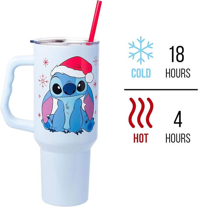 Silver Buffalo Disney Lilo and Stitch Christmas Holiday Santa Hat and Snowflakes Stainless Steel Tumbler with Handle and Straw, Fits in Standard Cup Holder, 40 Ounces