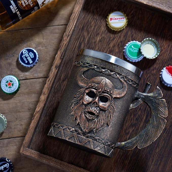 Arola Viking Axe Mug, Stainless Steel Horn Beer Cup, Viking Warrior Skull Cup Tankard, Drinking Cup Coffee Beer Steins,Medieval Skull Drinkware Mug for Coffee/Beverage/Juice17oz Gift for Men